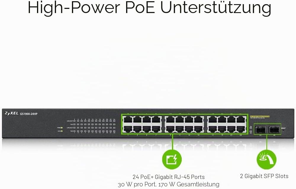 Zyxel 24-Port Gigabit PoE Switch | Smart managed | Rackmontage | 24 PoE+-Ports mit einem Budget von