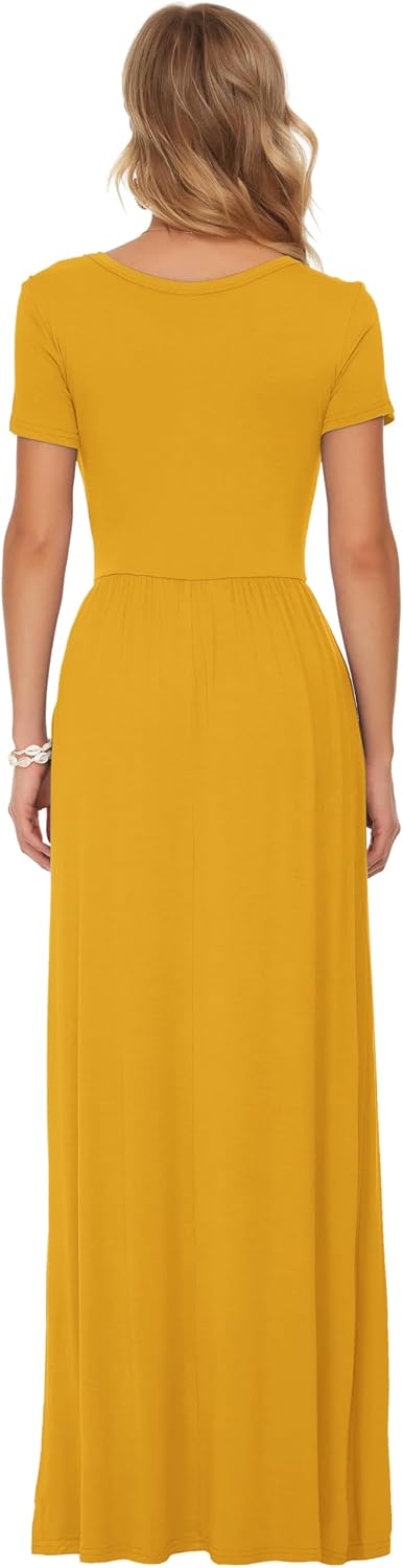 AUSELILY Damen Kurzarm Sommer Casual Long Maxi Kleider mit Taschen Gelb XS, Gelb XS