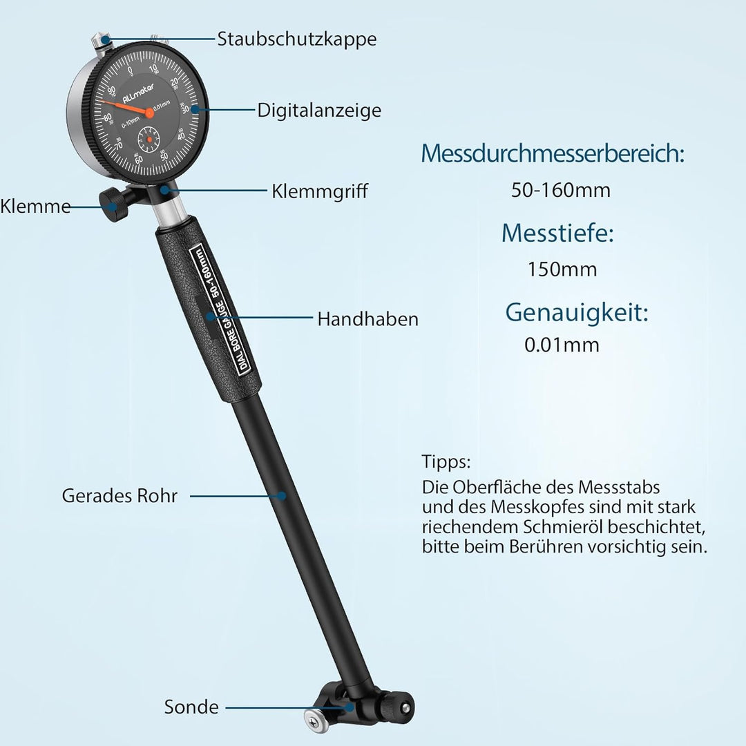 ALLmeter Bohrungslehre Messuhr Set Bohrungsmessgerät 50-160 mm Aluminiumlegierung Innendurchmesser M