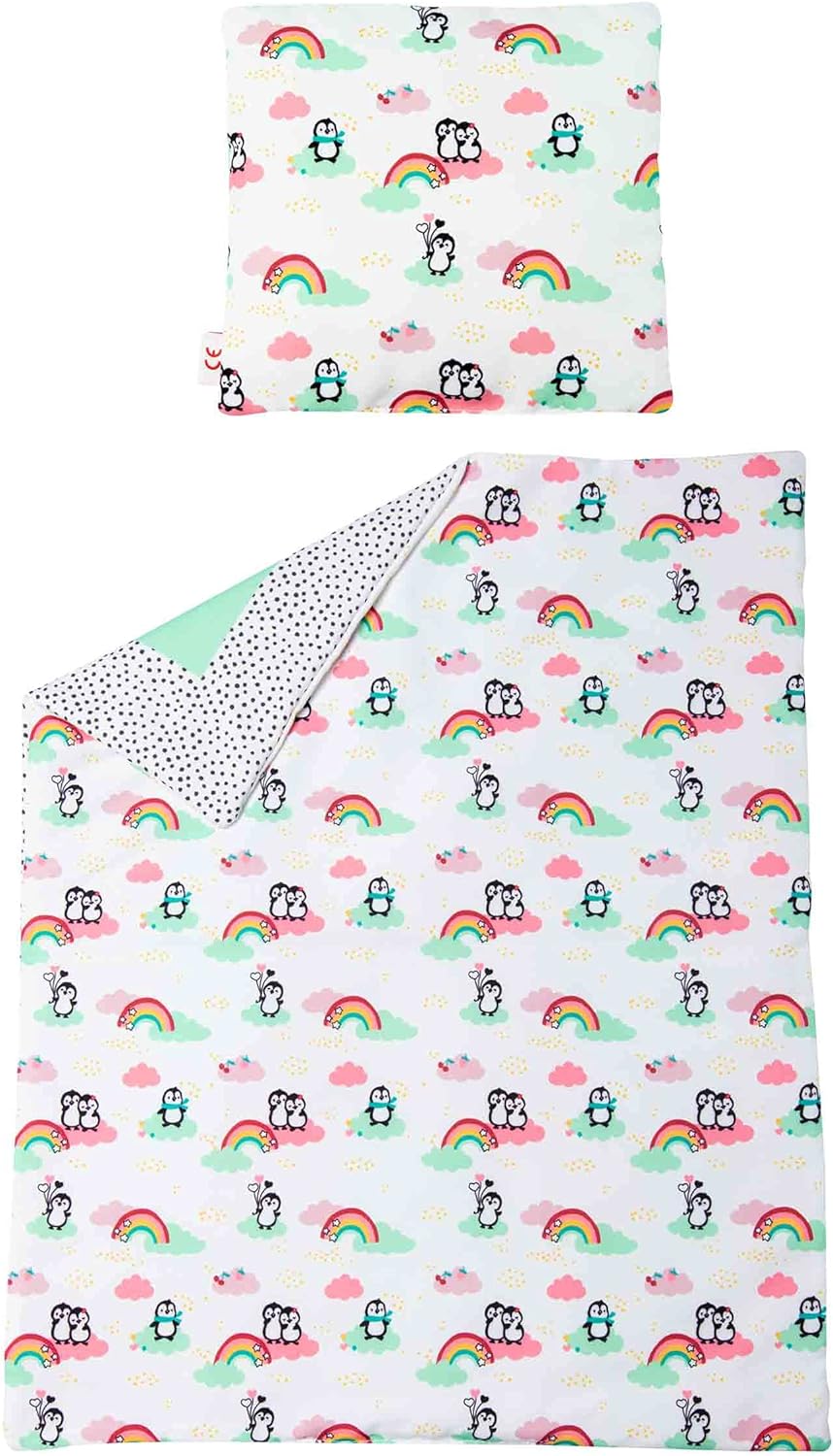 Heless 1000 - Puppen-Wendebettdecke mit Kissen im Pinguin Pünktchen Design, für süsse Puppen-Träume