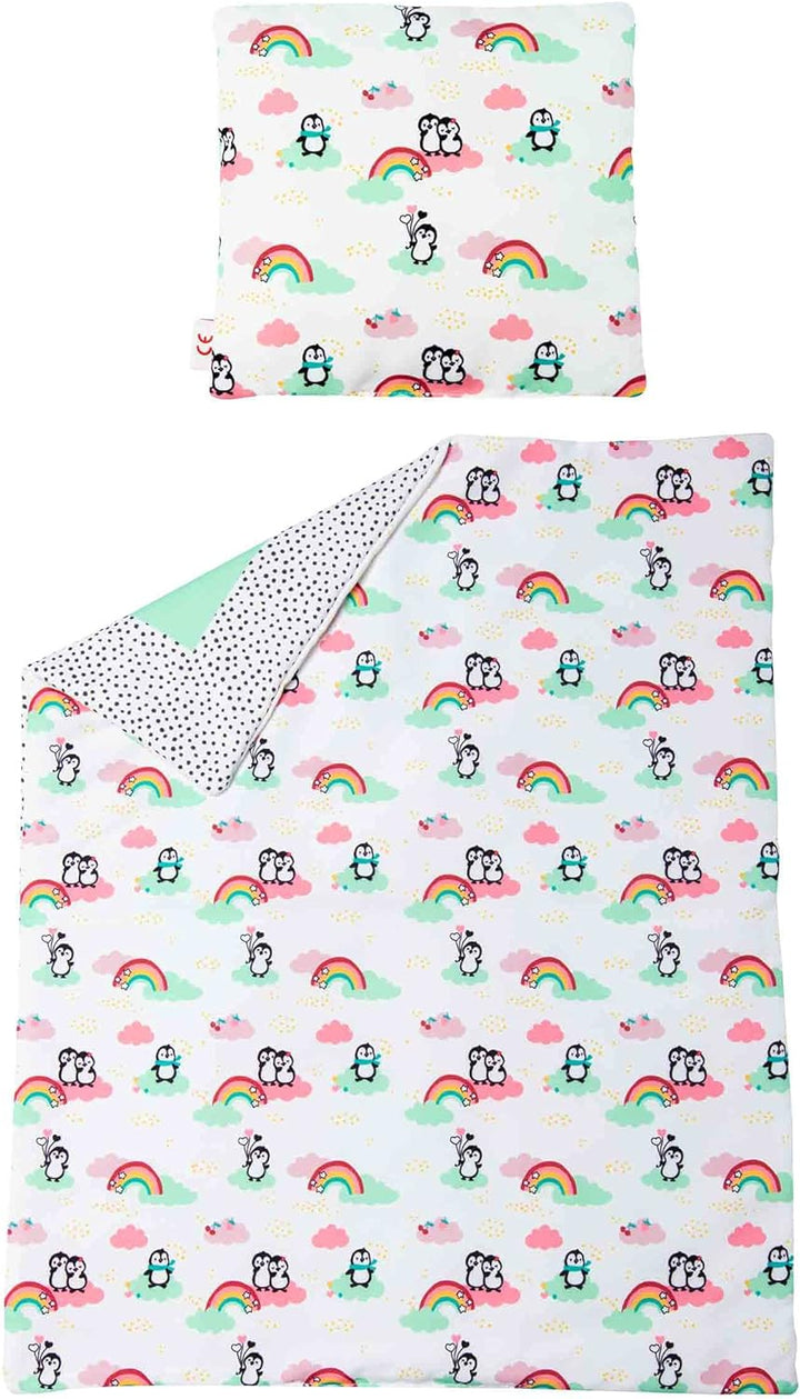 Heless 1000 - Puppen-Wendebettdecke mit Kissen im Pinguin Pünktchen Design, für süsse Puppen-Träume