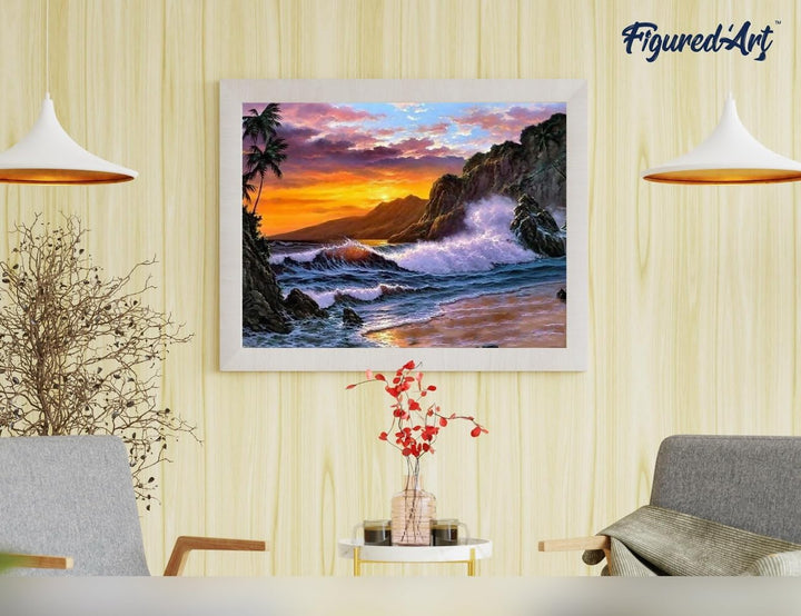 Figured'Art Malen Nach Zahlen Erwachsene Mit Rahmen Klippe und Wellen - Paint by Numbers Basteln DIY