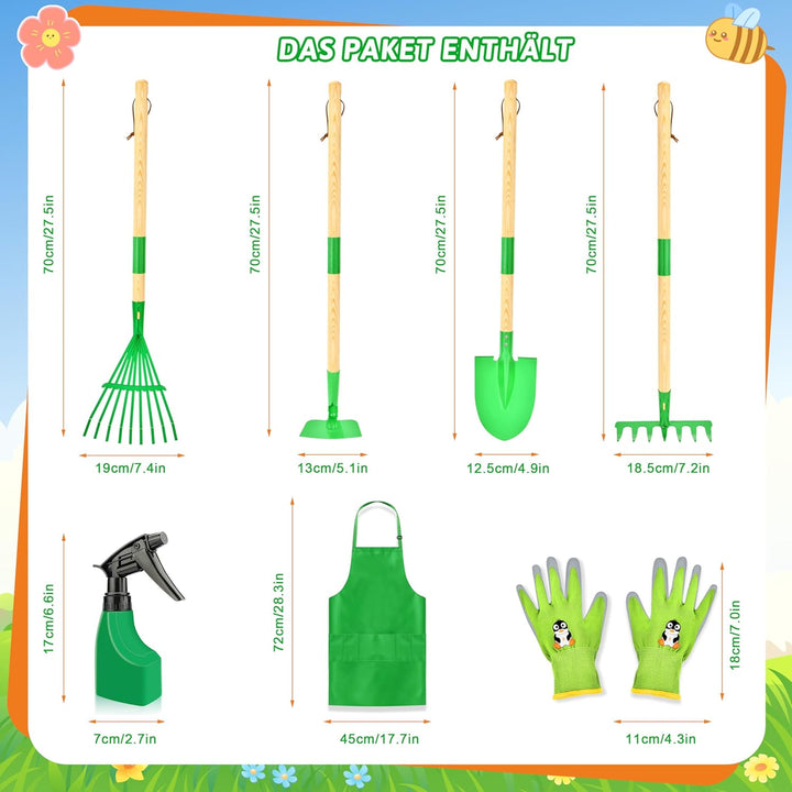 IEEILULU Kinder Gartengeräte Set, Gartenwerkzeug Kinder aus Holz 7 Teilig, Gartenspielzeug Abnehmbar