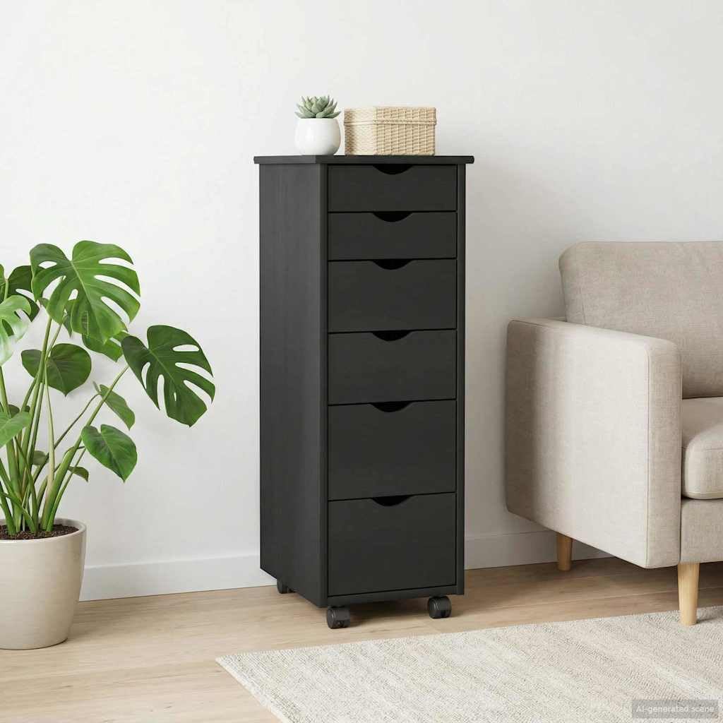 vidaXL Rollschrank Mit Rad Schwarz 34 x 39 x 93,5 cm Massivholz Kiefer, Studienmöbel, rechteckiger R