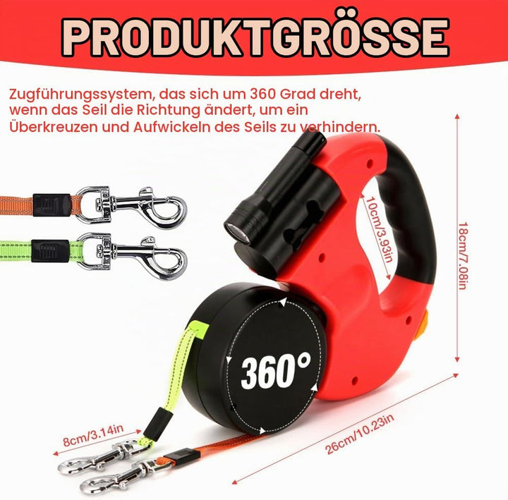 Doppelleine für 2 Hunde, 3 M Automatische Hund Versenkbar Leine, Doppelleine mit Licht, Doppelte Ein