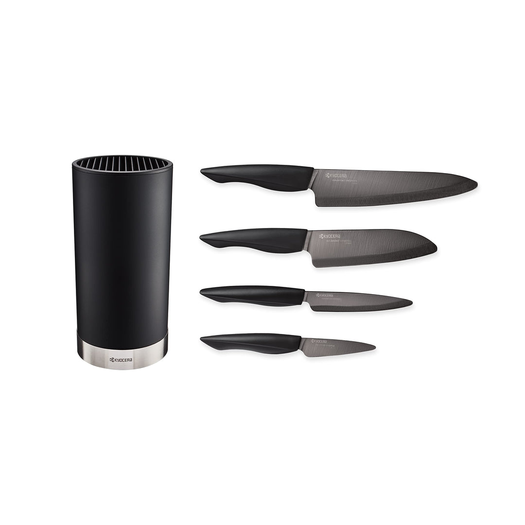 Kyocera Soft-Touch Messerblock Schwarz | 4 SHIN Keramik Messer | Santoku, Universalmesser, Gemüsemes