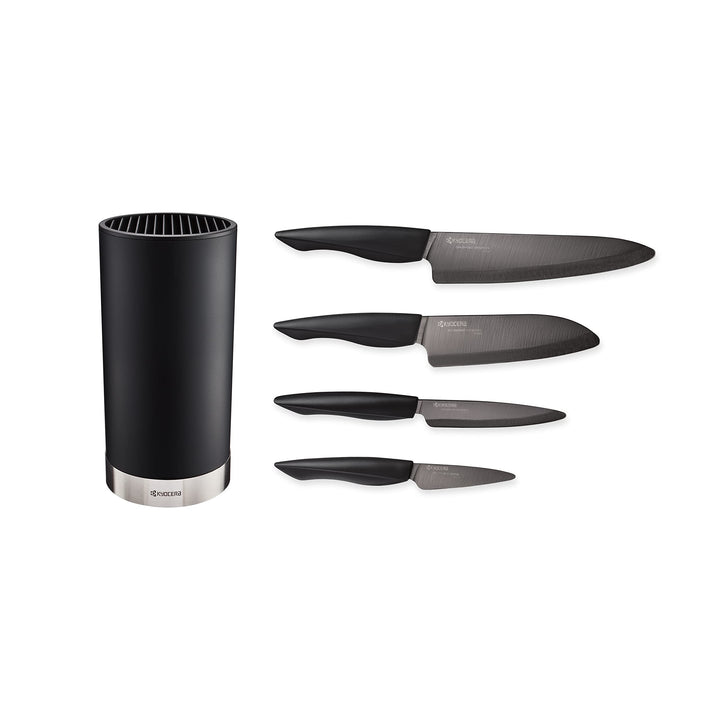 Kyocera Soft-Touch Messerblock Schwarz | 4 SHIN Keramik Messer | Santoku, Universalmesser, Gemüsemes