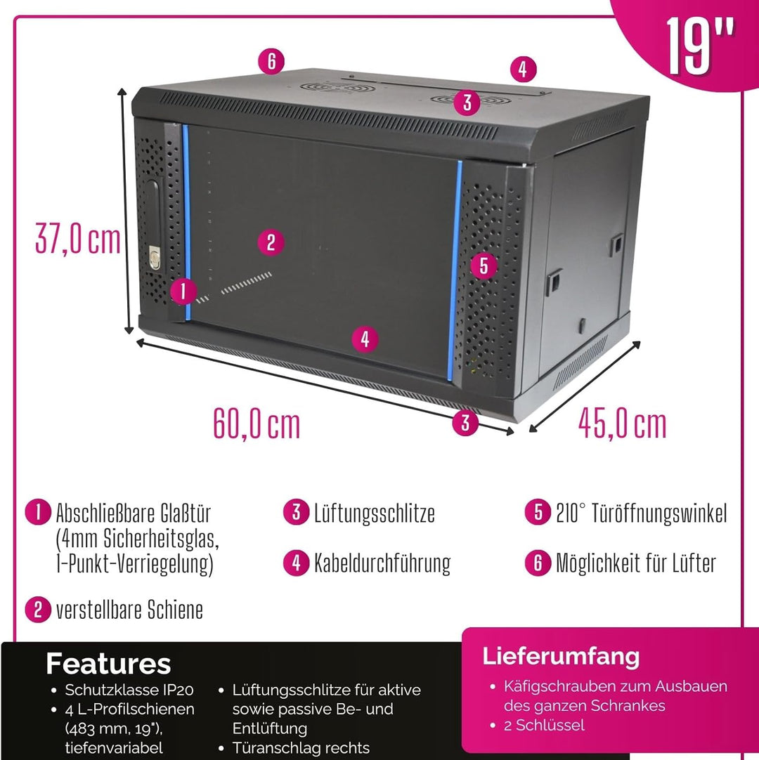 Koscom Connect Netzwerkschrank Eleganz 6 HE I Serverschrank 19 Zoll I Wandmontage 600 x 450 x 380 mm
