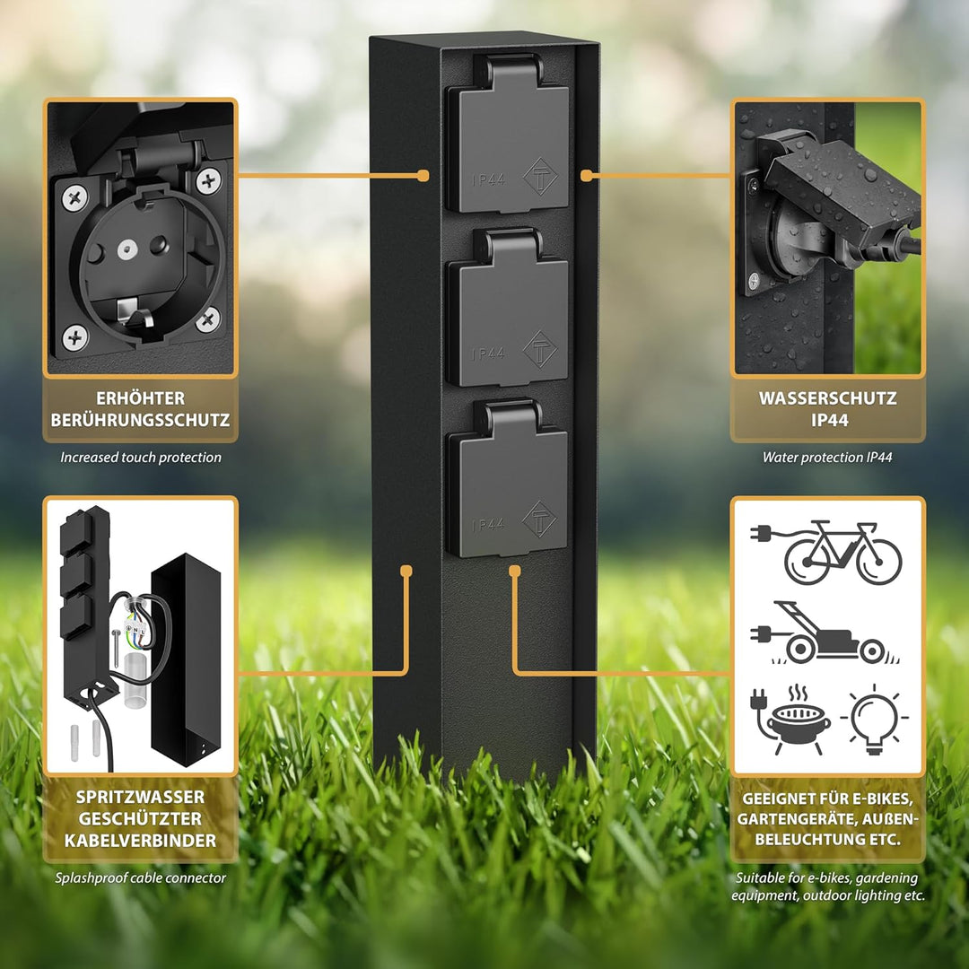 ledscom.de 3 Stück Garten-Steckdosen-Säule POMI mit Erdspiess für aussen, IP44, 3-Fach, schwarz, eck