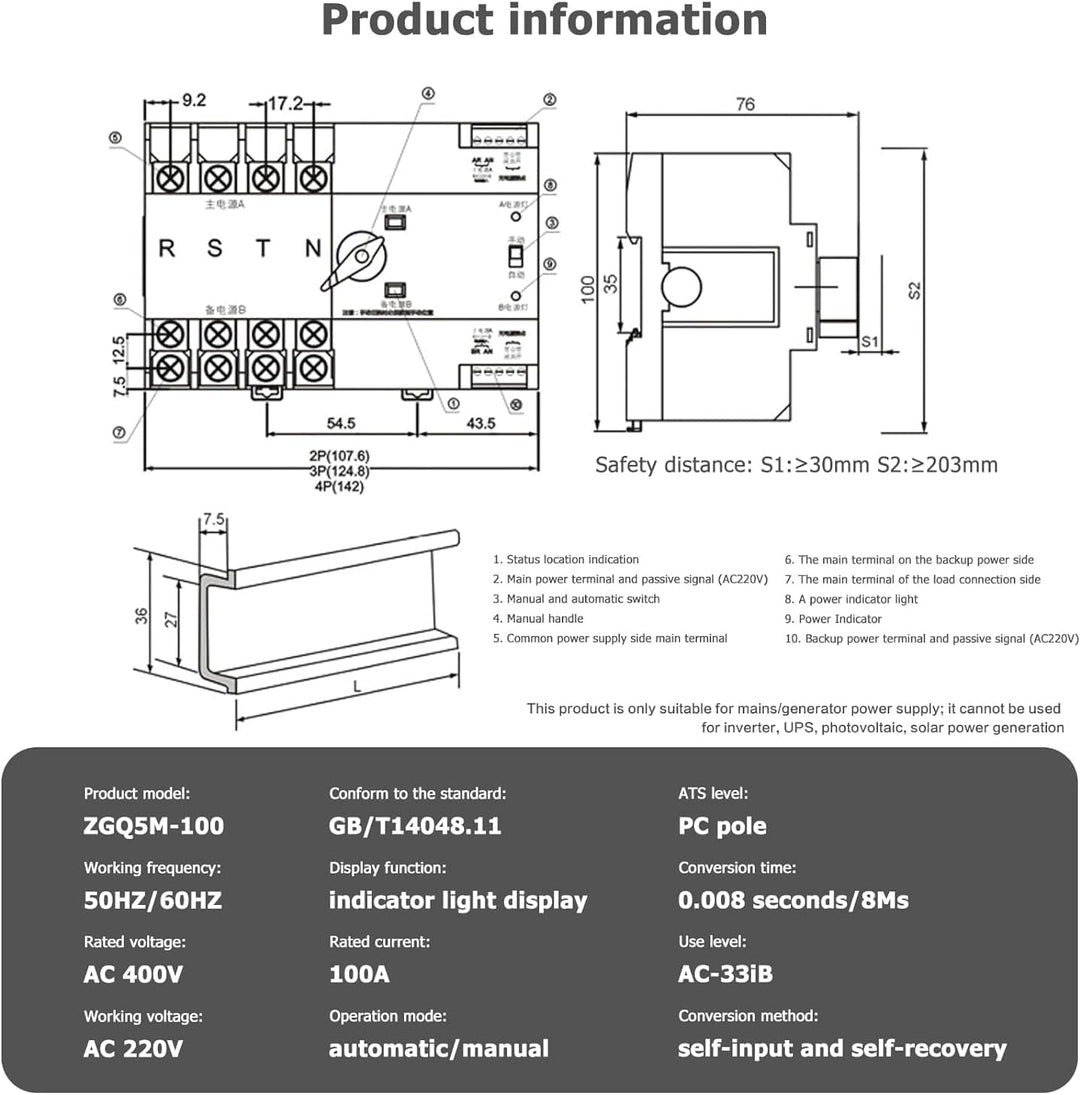 DEWIN Automatischer Transferschalter, 2P Dual Power Automatischer Transferschalter Ununterbrochener