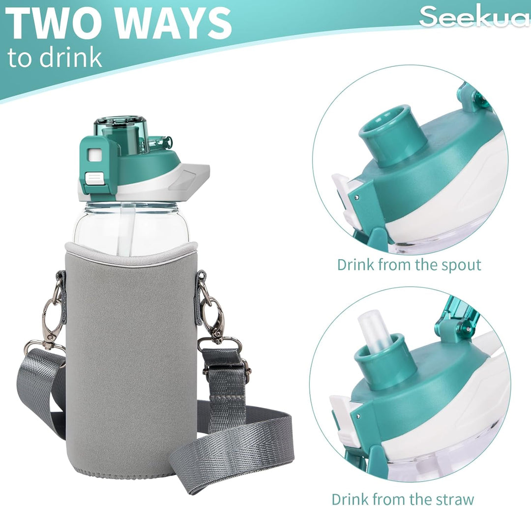Seekua 0.6l Sport Trinkflasche Glas Flasche mit Strohhalm & Zeitmarkierung für Kinder, Schule 600ml