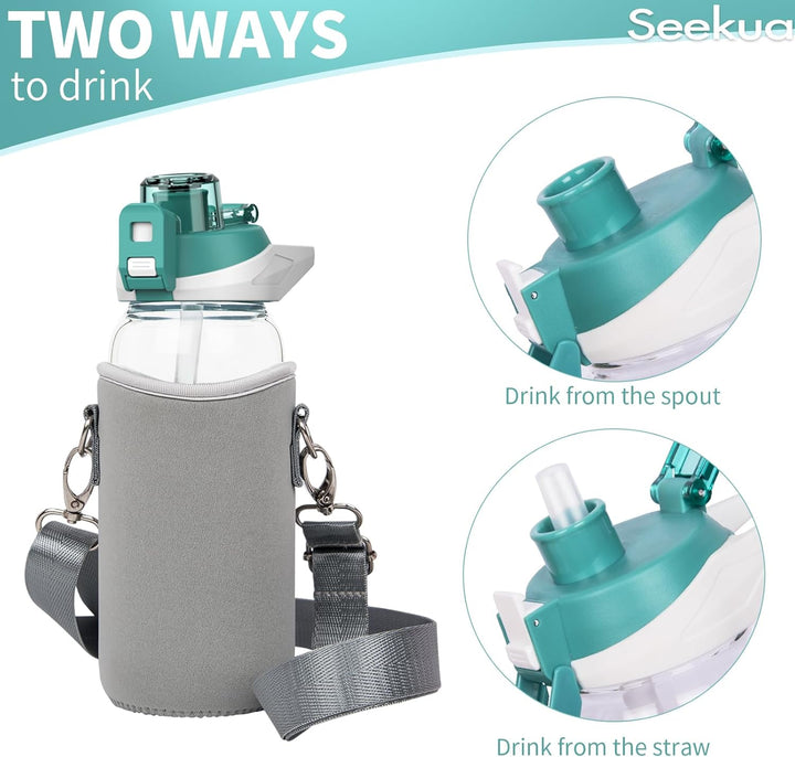 Seekua 0.6l Sport Trinkflasche Glas Flasche mit Strohhalm & Zeitmarkierung für Kinder, Schule 600ml