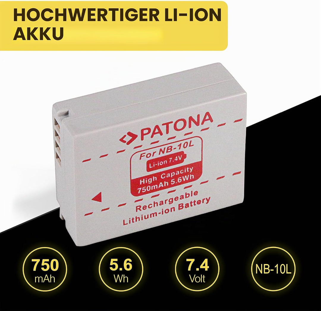PATONA 2X Akku Ersatz für Canon NB-10L NB10L Battery Pack 750mAh 7.4V 5.6Wh | Ersatzakku für PowerSh