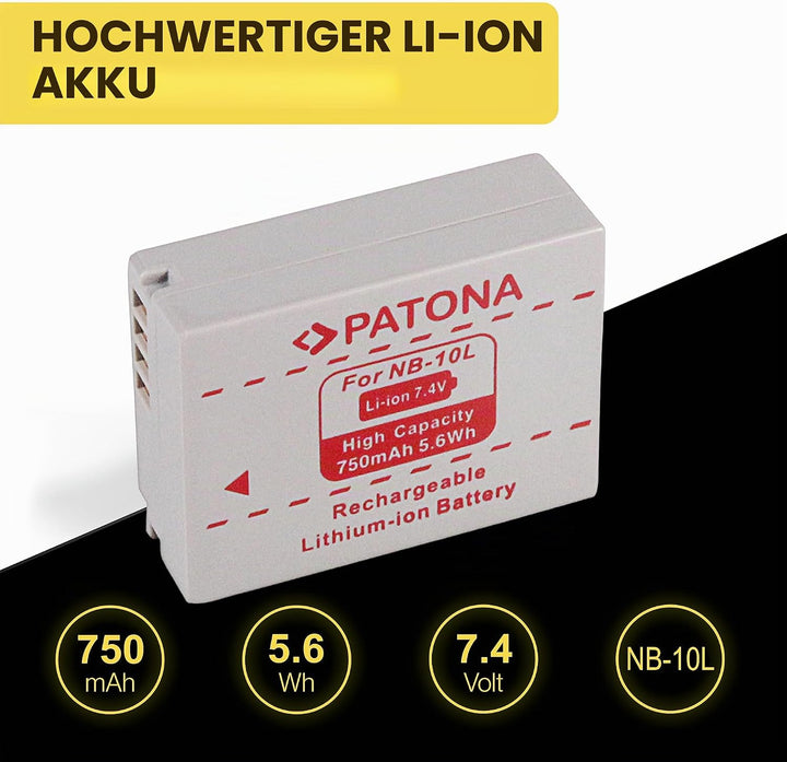 PATONA 2X Akku Ersatz für Canon NB-10L NB10L Battery Pack 750mAh 7.4V 5.6Wh | Ersatzakku für PowerSh