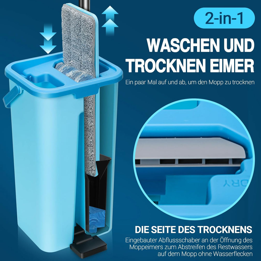 MASTERTOP Wischmopp Set mit Eimer, 2 in 1 Bodenwischer Flachmopp mit Edelstahlgriff und 6 Mikrofaser