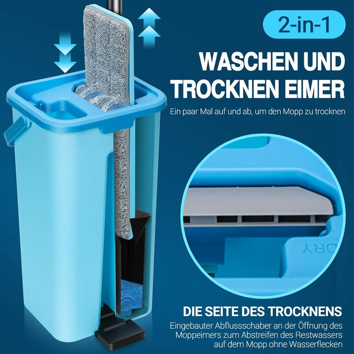MASTERTOP Wischmopp Set mit Eimer, 2 in 1 Bodenwischer Flachmopp mit Edelstahlgriff und 6 Mikrofaser