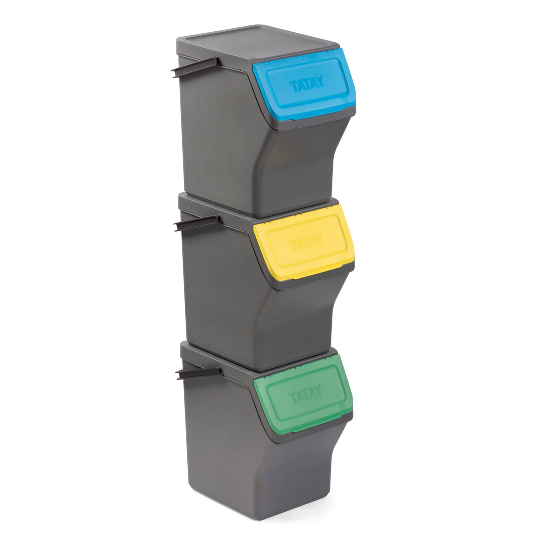 TATAY Mülltrennsystem Easy Waste 20L | 3er Set Recycling Behälter | Modular und Stapelbar | Deckel m