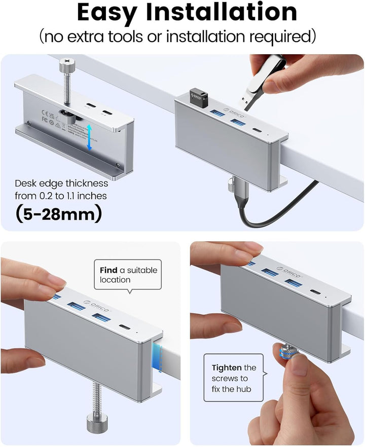 ORICO USB Hub, Aluminum USB 3.0 Hub Clip mit 5V Stromversorgungsanschluss, 5Gbps 4 Port USB Verteile