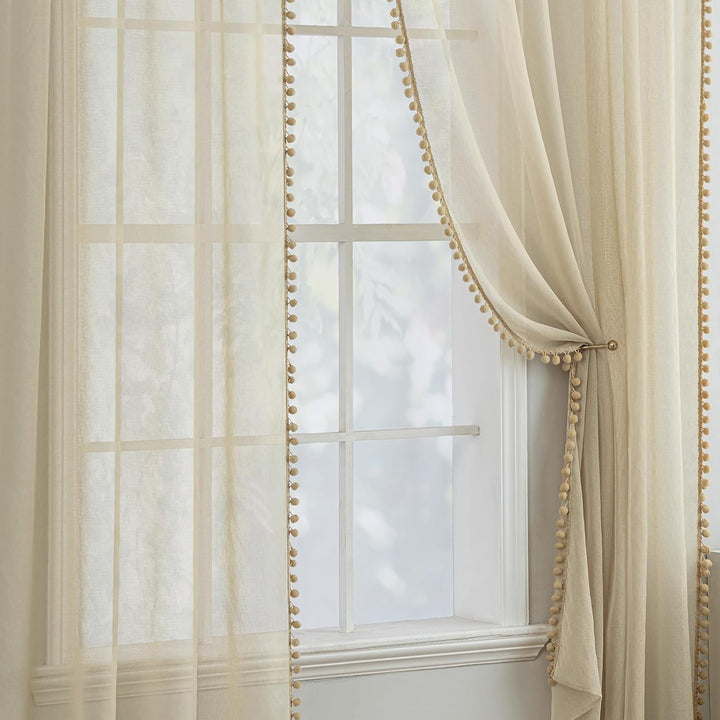 MIULEE Gardinen mit Pompons-Hübsche Beige Transparent Gardinen für Kinderzimmer Mädchen, 2 Stücke Vo
