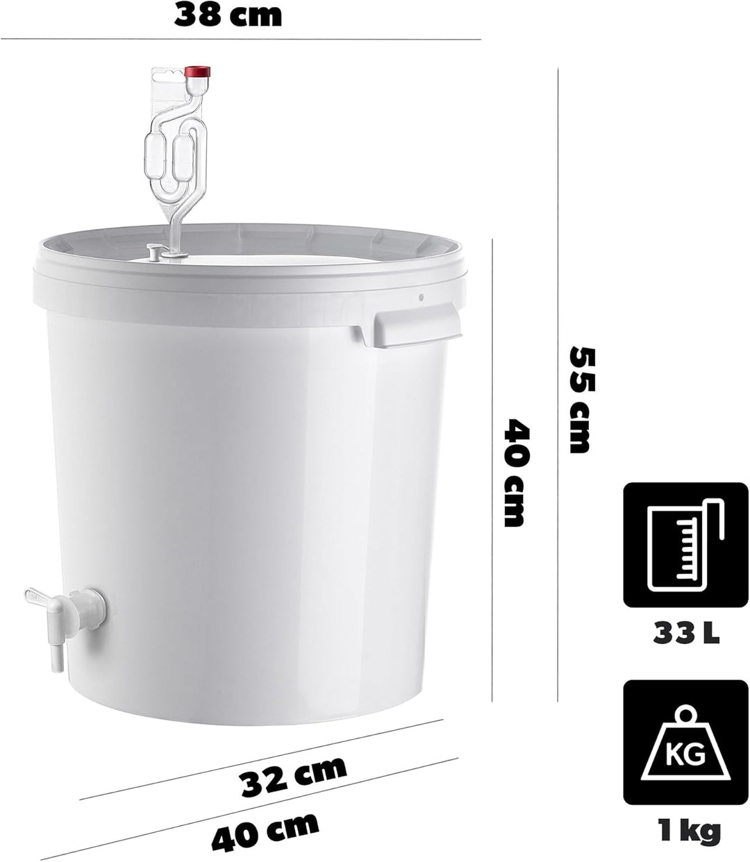 KADAX Gäreimer 33L Set mit Auslaufhahn, Gärröhrchen & Gummistopfen, Gärbehälter aus Kunststoff mit A
