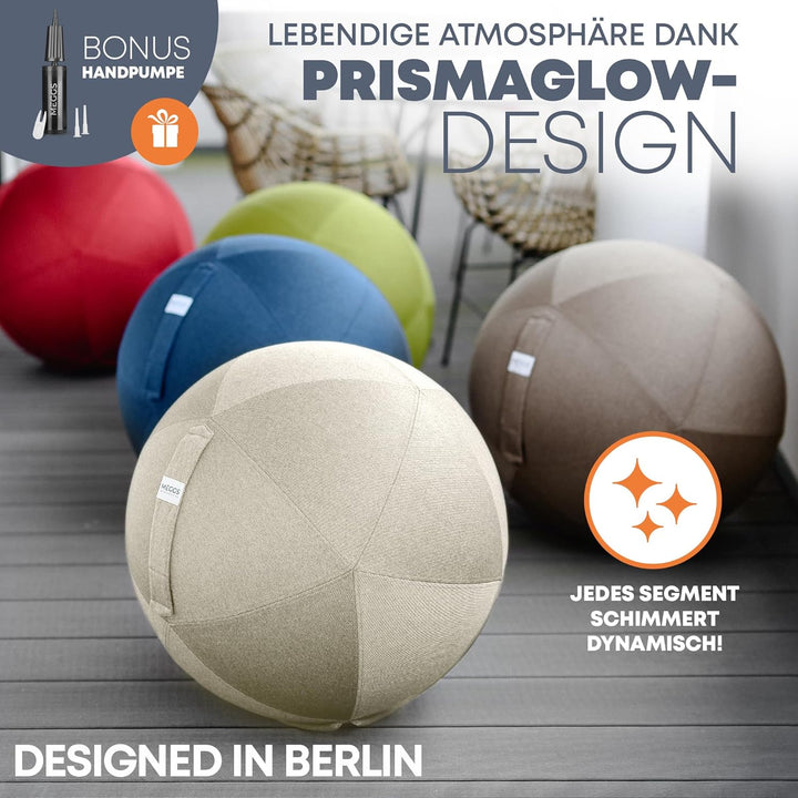 MEGGS® Stoff-Sitzball 65cm, Ergonomisch Sitzen im Büro & Zuhause, [Wegrollschutz & Platz-Sicher], Pe