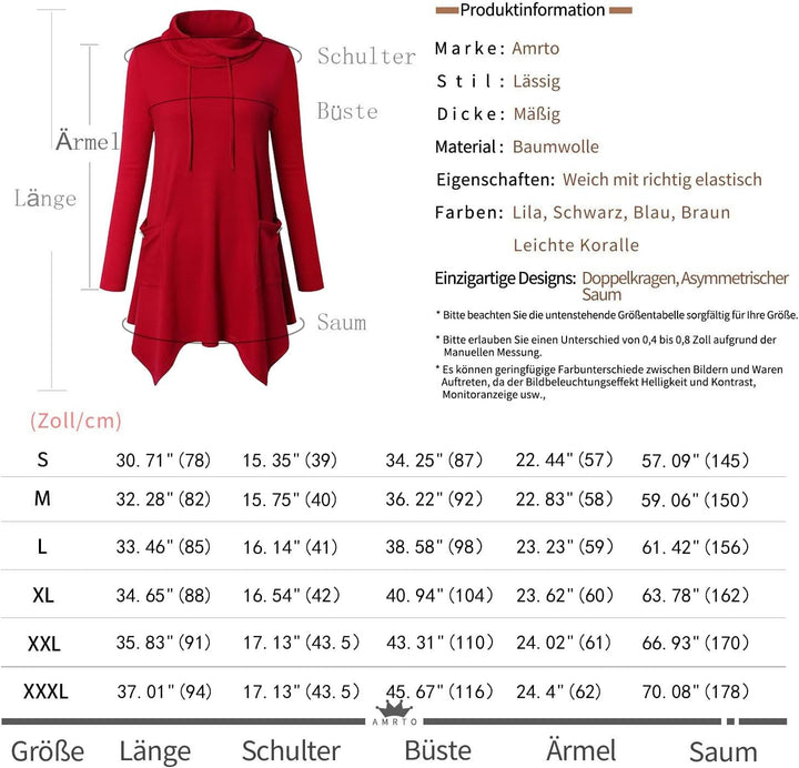 Amrto Damen Tunika Tops Turtleneck Langarm Shirts Bluse Hemd Pullover Mit Taschen S #2-rot, S #2-rot