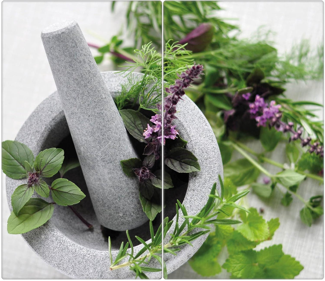 banjado® Herdabdeckplatte Glas 2-teilig je 30x52 cm/Schneidebrett Herdabdeckung mit Motiv Kräuter/He