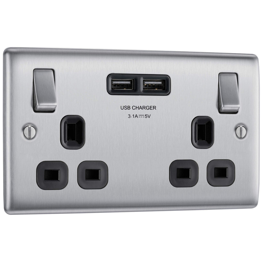 BG Electrical NBS22U3B Nexus Metall, gebürsteter Stahl, doppelt geschaltete 13A-Steckdose mit USB-Au