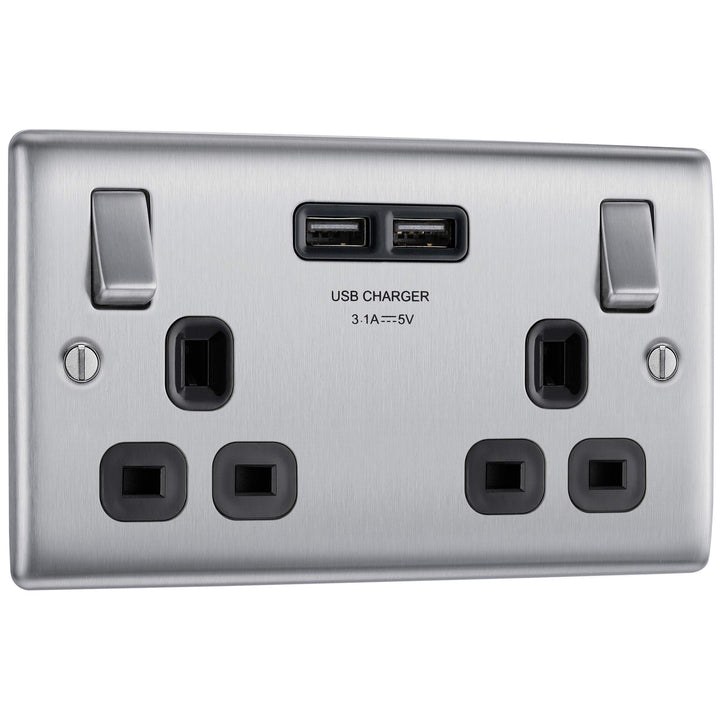 BG Electrical NBS22U3B Nexus Metall, gebürsteter Stahl, doppelt geschaltete 13A-Steckdose mit USB-Au