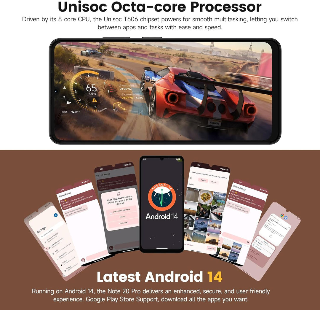 Ulefone Note 20 Pro Handy Android 14 256GB+8GB/1TB SD 50MP+8MP Kamera Octa Core 6000mAh 18W 6,75" HD
