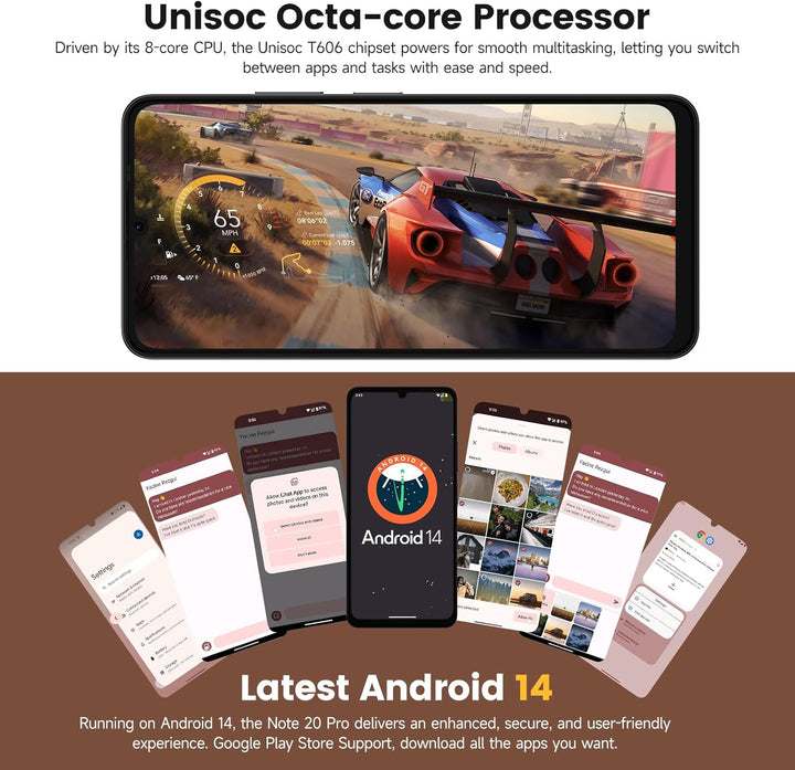 Ulefone Note 20 Pro Handy Android 14 256GB+8GB/1TB SD 50MP+8MP Kamera Octa Core 6000mAh 18W 6,75" HD