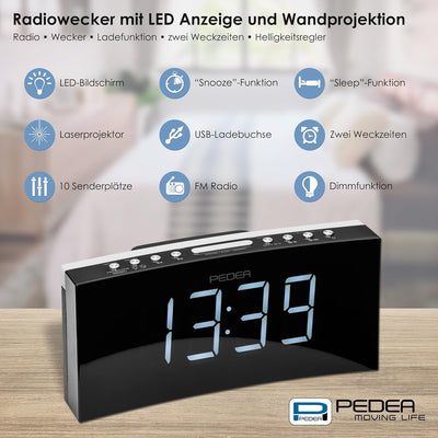 PEDEA Digital Radio-Wecker | Projektionsuhr mit LED-Anzeige und lauter Dual-Alarm Clock für Tiefschl