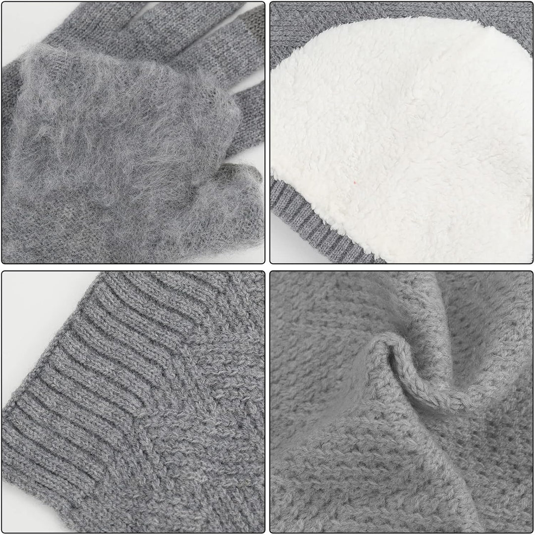 Damen Bommelmütze, Schals, Handschuhe, Set, Thermo, Winter, warm, Strickmütze, Halswärmer und Touchs