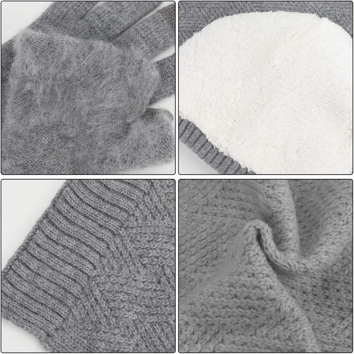 Damen Bommelmütze, Schals, Handschuhe, Set, Thermo, Winter, warm, Strickmütze, Halswärmer und Touchs