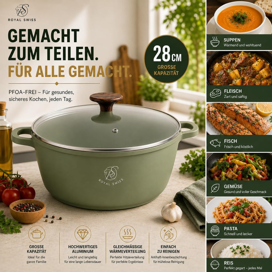 Royal Swiss® Kochtopf Ø 28 cm – 6 L – Induktionsgeeignet & Ofenfest – Gussaluminium mit Marmor-Antih