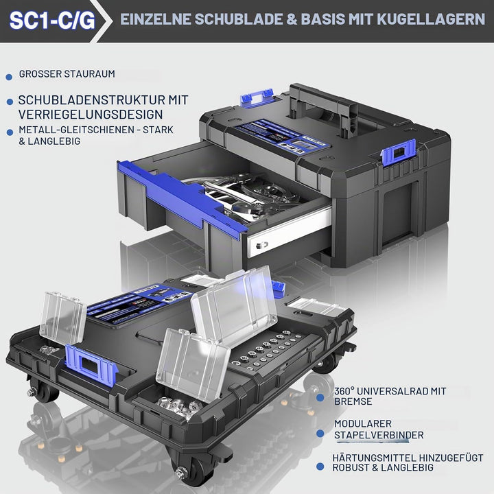 5-Lagiger Werkzeugkoffer mit Rollen,Modularer, Stapelbarer Werkzeugkoffer Leer,Tragbarer Werkzeugkis