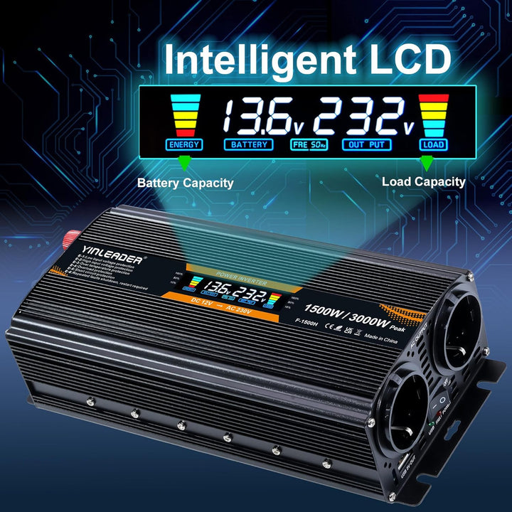 Spannungswandler 12V 230V 1500W 3000 Watt Wechselrichter LCD | stromumwandler mit 2 Steckdose