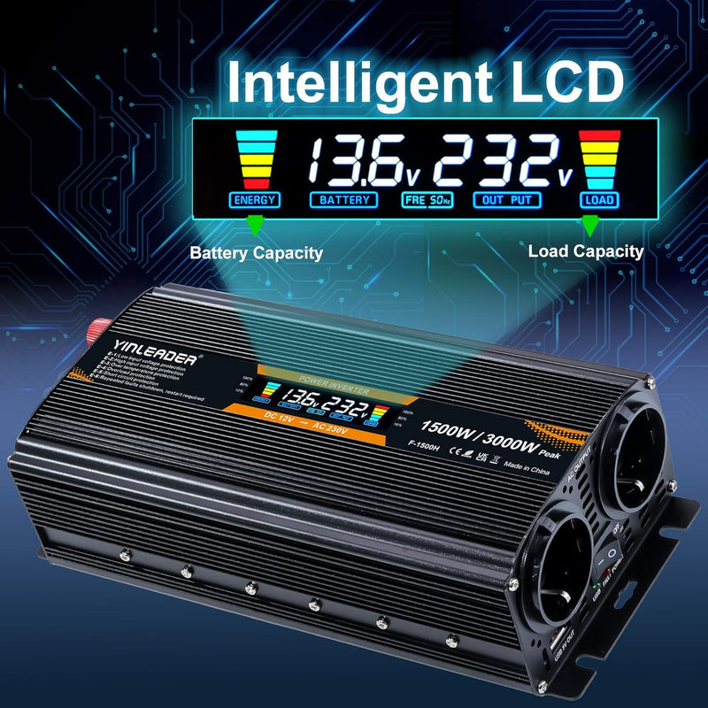 Spannungswandler 12V 230V 1500W 3000 Watt Wechselrichter LCD | stromumwandler mit 2 Steckdose
