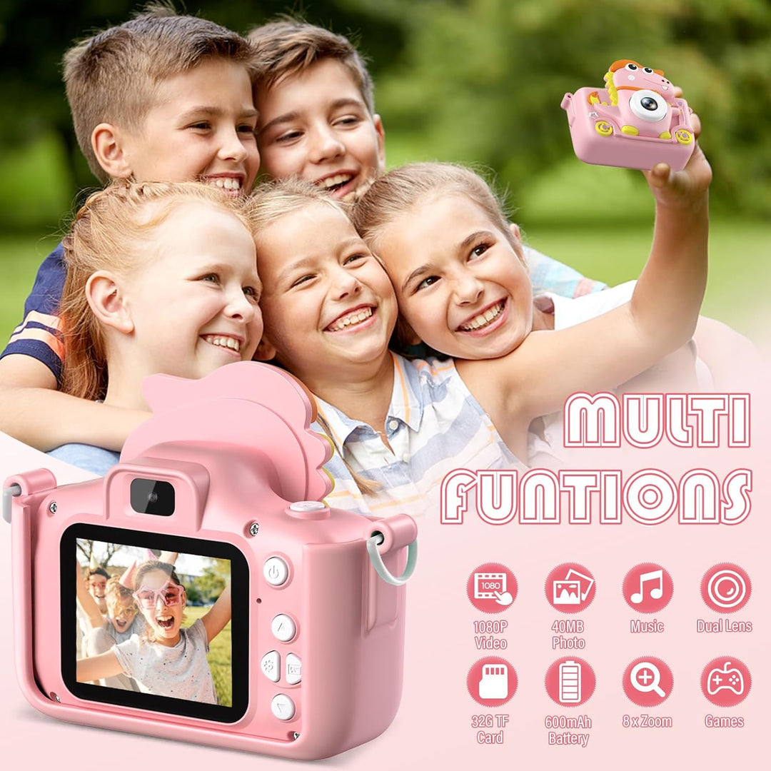 Kinderkamera Dinosaurier, Kinder Kamera 2" Display 1080P, Selfie Digitalkamera Kinder mit 32GB, Foto
