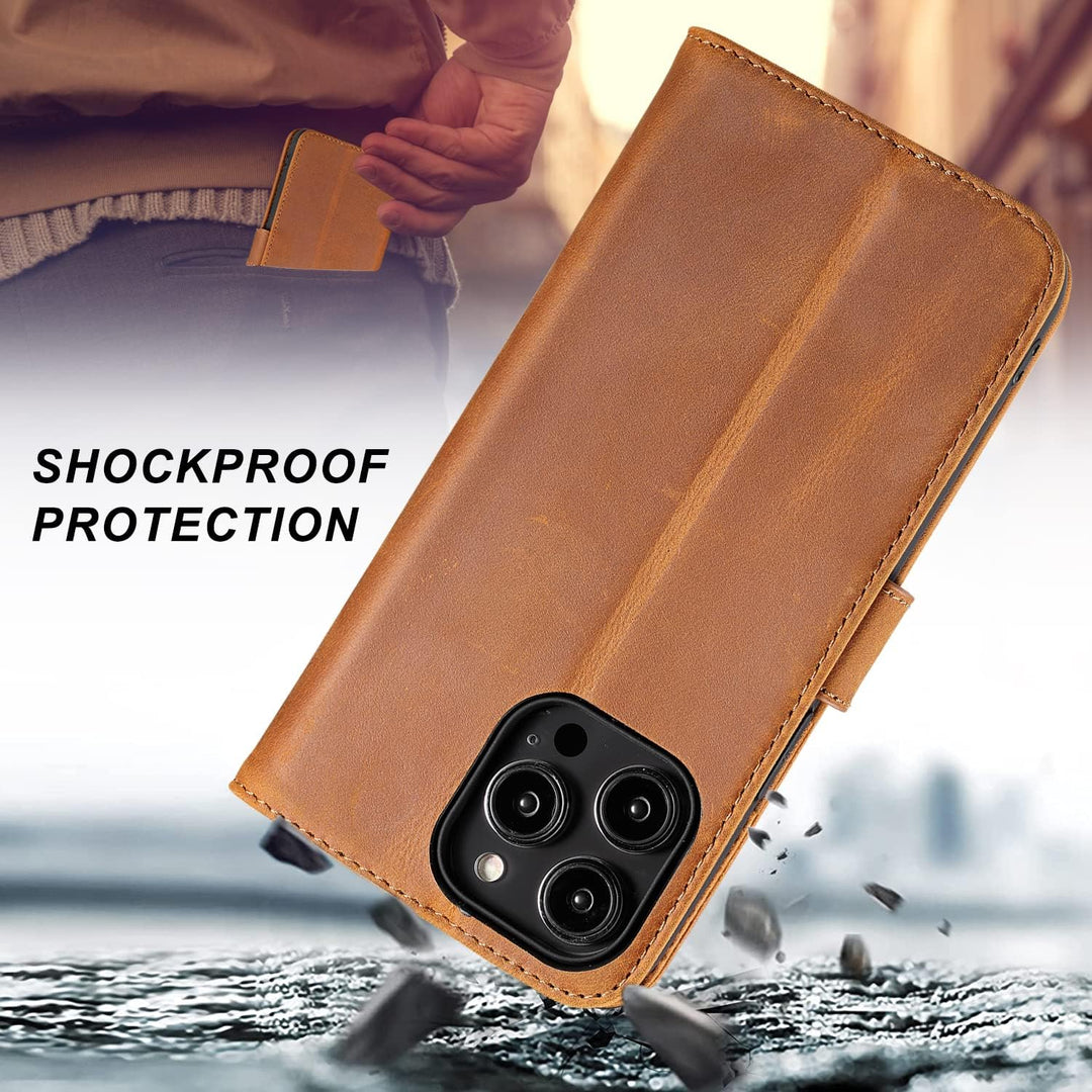 LENSUN Echtleder Hülle für iPhone 14 Pro Max, Handyhülle [Echtes Leder][Magnetverschluss][RFID Schut