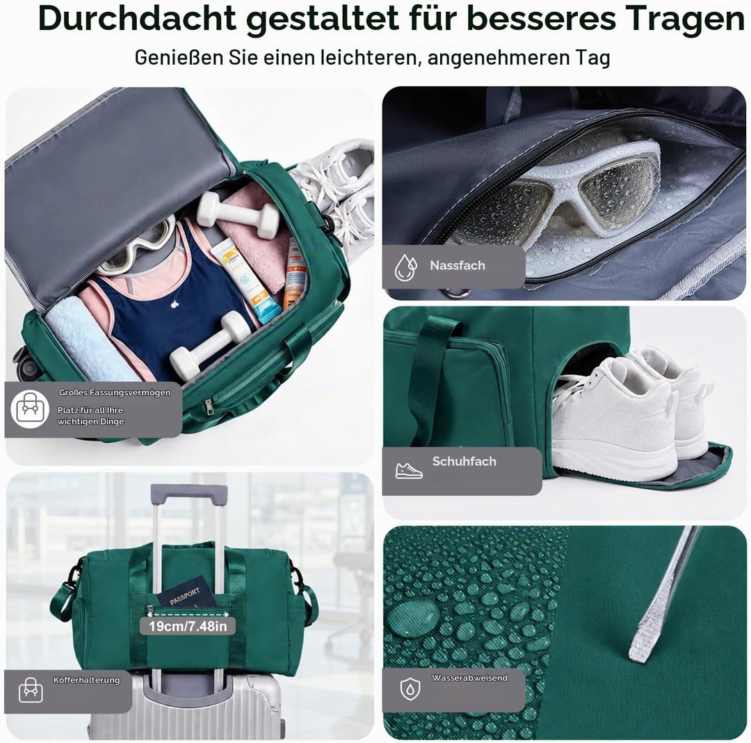 FIORETTO 35L Damen Sporttasche, Faltbare Reisetasche mit Schuhfach &amp; Nassfach, Wasserabweisende Week