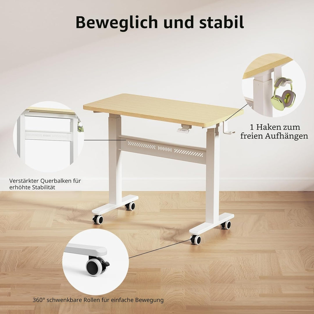Höhenverstellbarer Schreibtisch mit Rollen, 80 x 40 cm Pneumatisch Computertisch Laptoptisch, Mobile