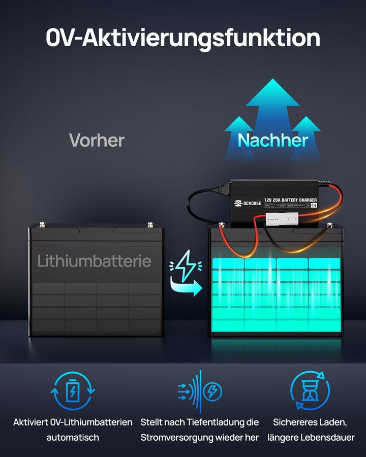 DCHOUSE 12V 20A Lithium Batterie Ladegerät 14.6V LiFePO4 Batterieladegerät mit Batterie-Schnellansch
