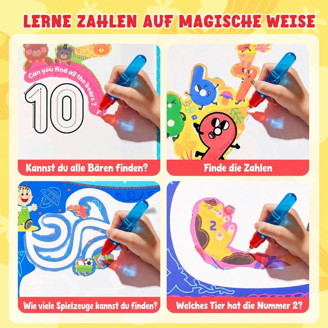 JoyCat Zahlen Aquarell-Reveal-Set, Malen mit Wasser | Wiederverwendbares Malbuch mit 14 Aktivitätsse