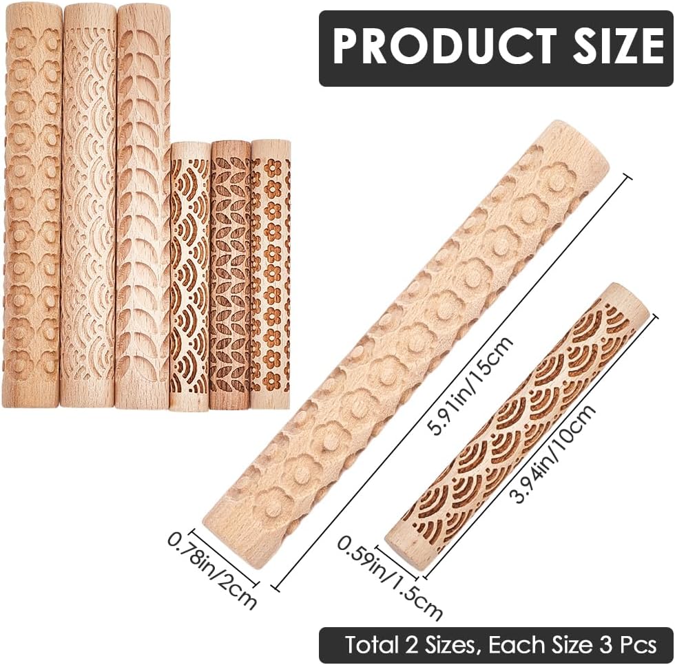 CREATCABIN 6er Set Mit Musterrollen Für Tonmodellierung 3 Stile Strukturierte Nudelhölzer Blumen Mee