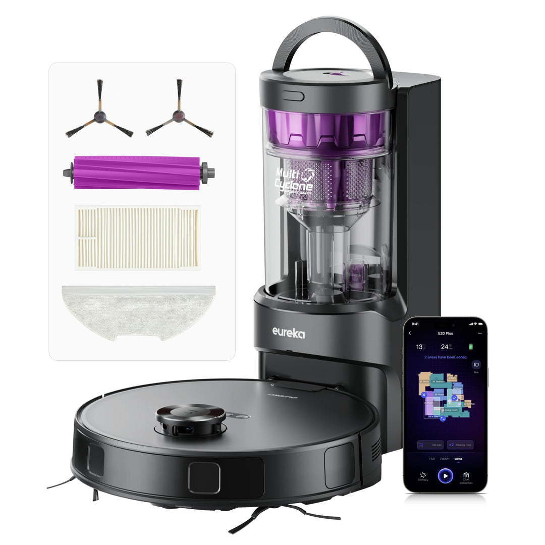 EUREKA E20 Plus Saug- & Wischroboter + beutelloser Multi-Zyklon Absaugstation (Duo-KI-3D-Hindernisve