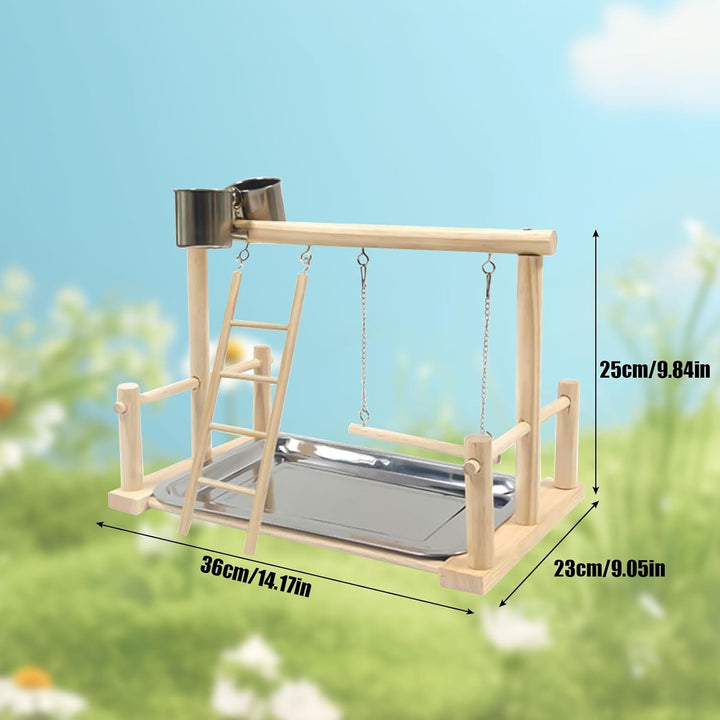 Vogel Spielplatz, Holz Wellensittich Spielplatz Freisitz mit 2 Edelstahl Feeder-Cup Spielzeug Leiter