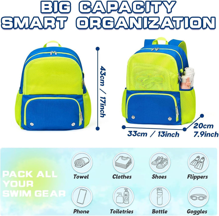 WAWSAM Schwimm Rucksack für Kinder mit Schuhfach und Trocken- und Nasstrennung Blau & Grün, Blau & G