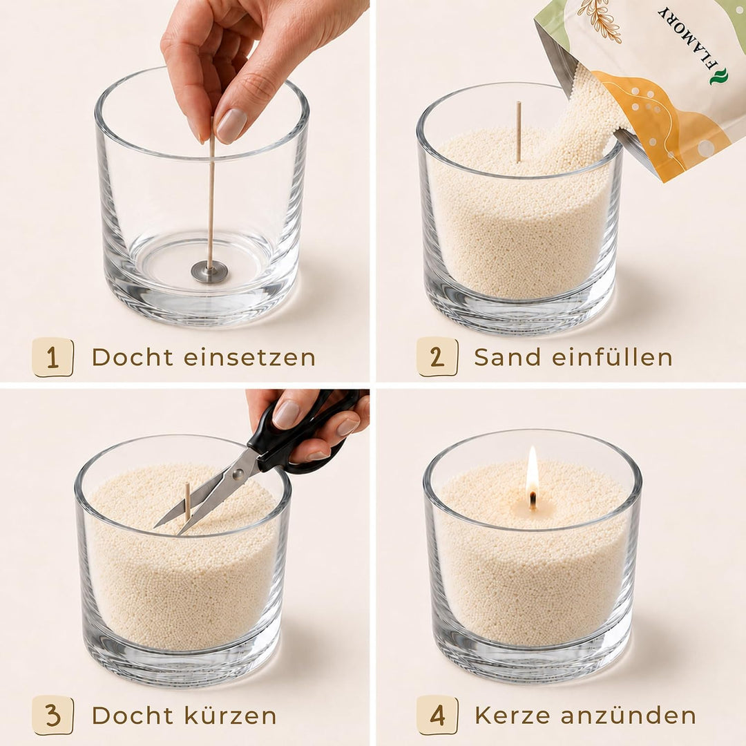 Kerzensand mit Duft Cozy Set 3x150g – Candle Sand [Vanille/Sandelholz/Moschus] – 9 Dochte inklusive