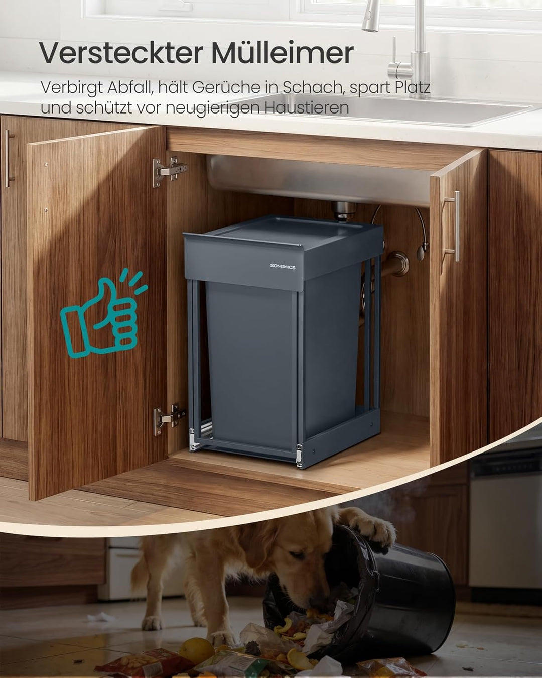 SONGMICS Mülleimer Küche, ausziehbar, Stahlrahmen, ABS-Deckel grau 1 x 20 L, grau 1 x 20 L